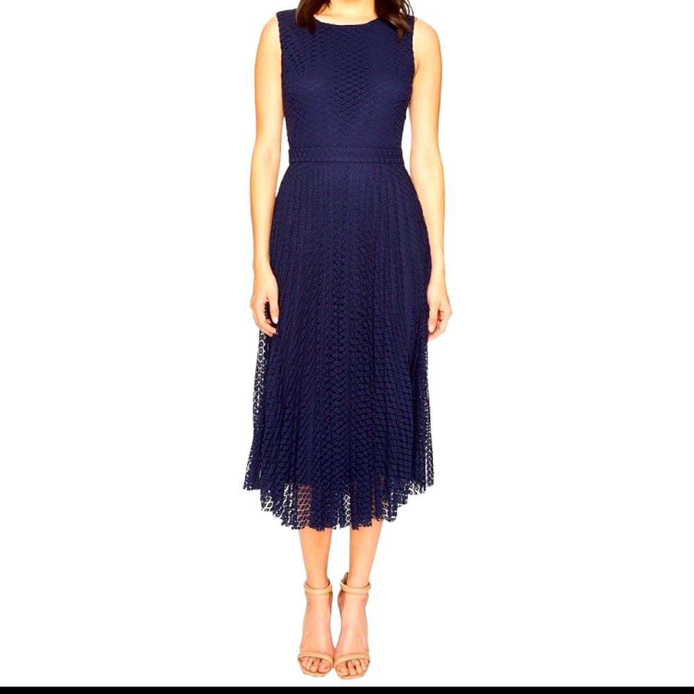 NWT navy sleeveless Midi dress, pleated skirt sz4